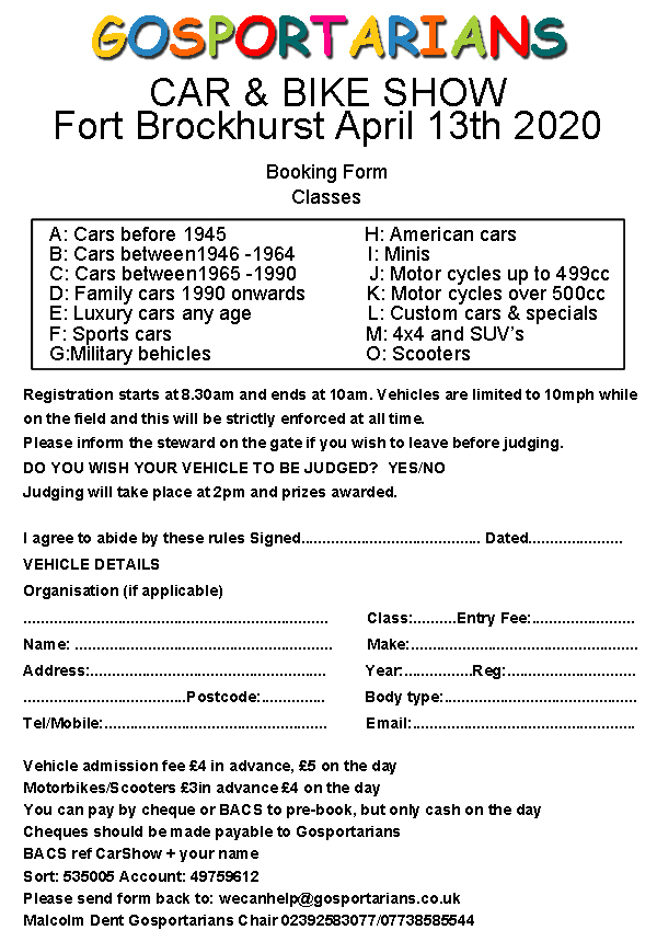 Gosportarians Car Show booking form 2020